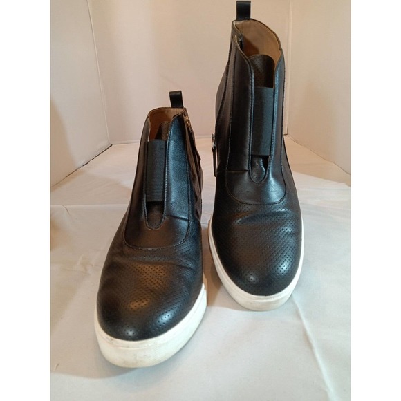 L Paolo Size 12 Med Wedge Sneaker Black Leather Platform Shoes Ankle Zip Bootie - Picture 1 of 14